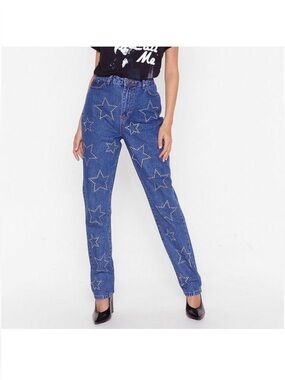 Nasty Gal Blue Star-Studded Boyfriend Jeans